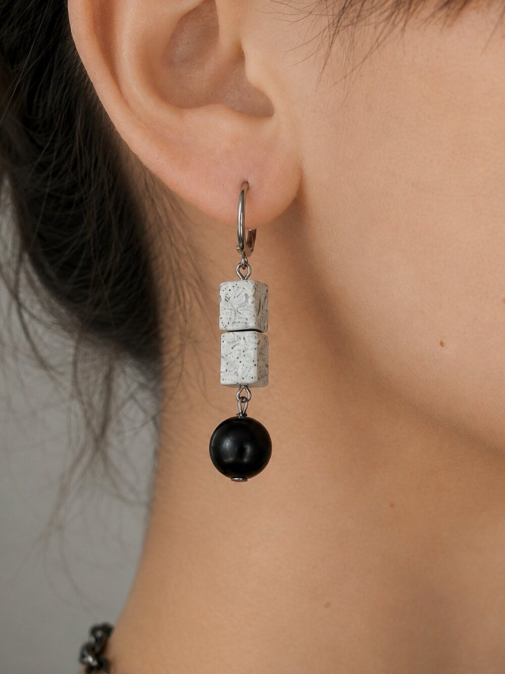 Black Agate & Grey Feldspar Leverback Earrings - Stone Dangles Stainless Steel